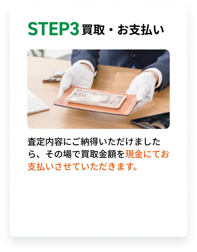 STEP3 買取・お支払い。査定内容にご納得いただけましたら、その場で買取金額を現金にてお支払いさせていただきます。