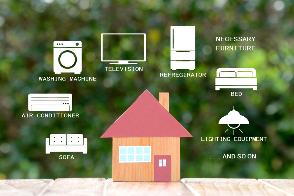 家にあるモノ　ソファ　エアコン　洗濯機　テレビ　冷蔵庫　ベッド　照明器具　のイメージイラスト