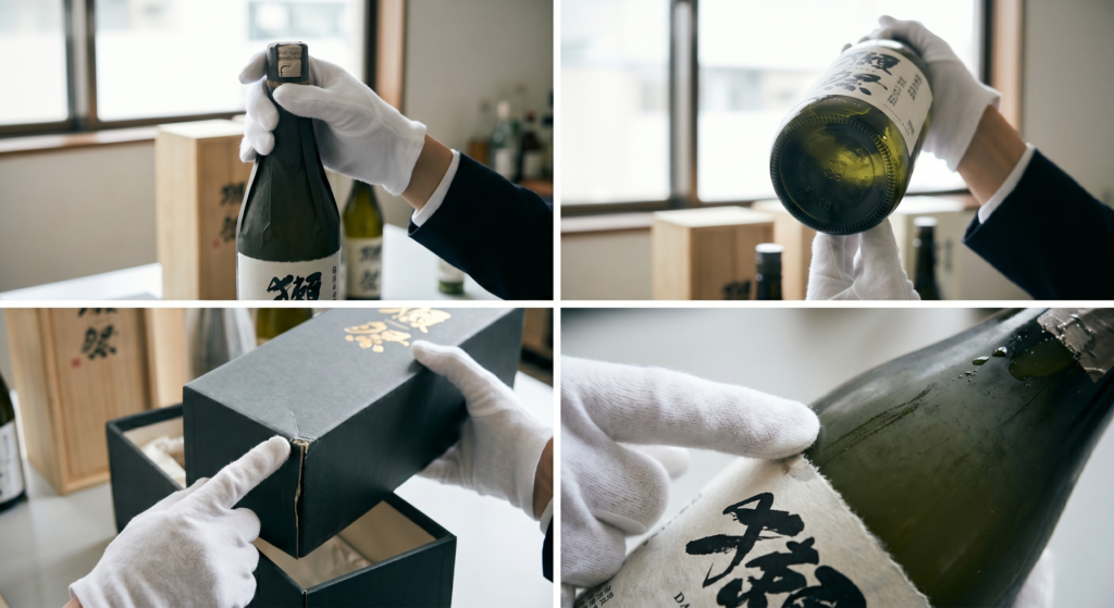 日本酒の査定ポイントを示す4分割の画像。白手袋をはめた査定員が、左上：ボトルのキャップ部分、右上：ボトルの底面（瓶底）、左下：化粧箱の角の傷み、右下：ラベルの汚れや液漏れの状態を細かくチェックしている様子。