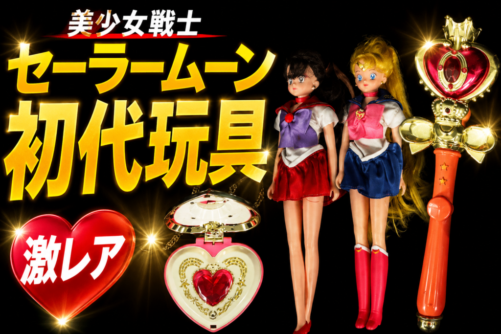初代セーラームーンの玩具やドールを紹介するサムネイル。変身ステッキやコンパクトなどの当時の人気グッズが並んでいるサムネイル画像。