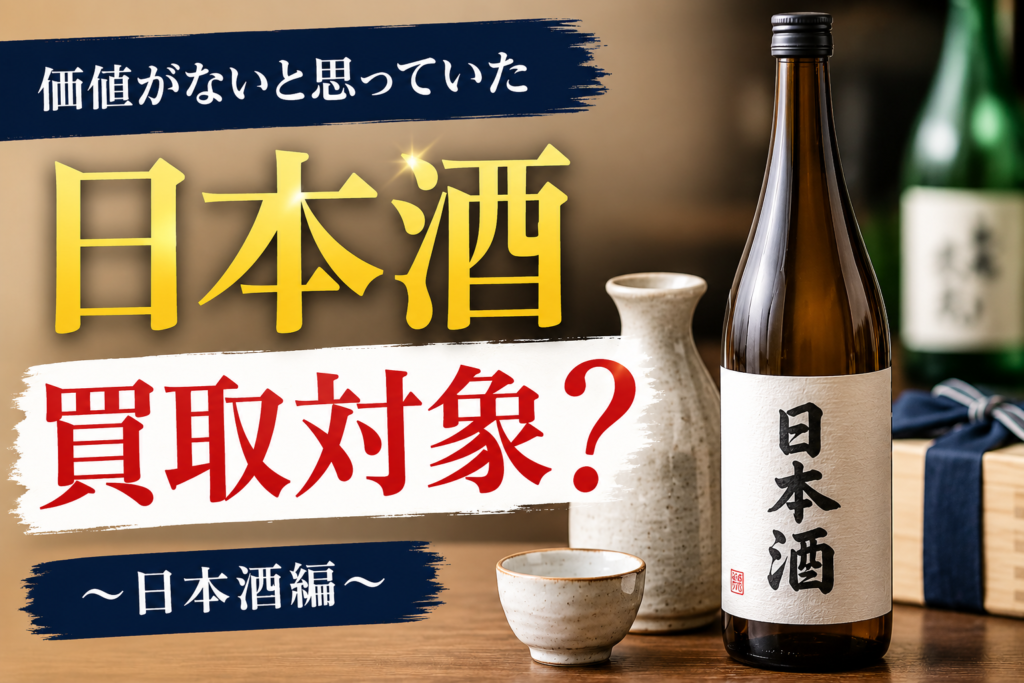 「価値がないと思っていた日本酒買取対象？～日本酒編～」という見出しとともに、日本酒のボトルとお猪口が並んだサムネイル画像。
