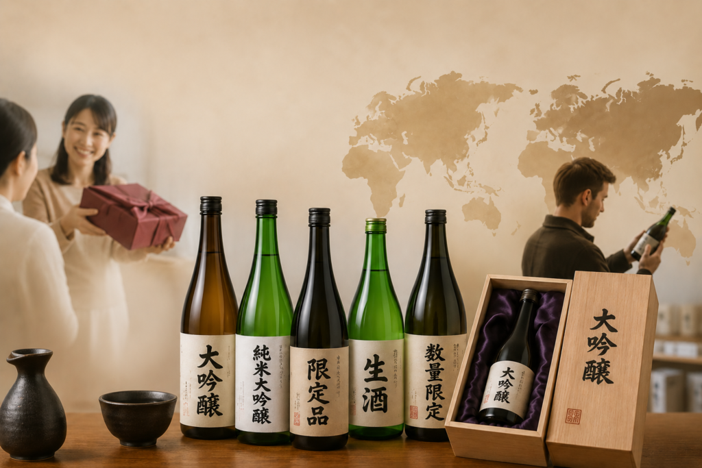 手前に並ぶ複数の日本酒ボトル（大吟醸、純米大吟醸、限定品、生酒、数量限定、木箱入り大吟醸）と、背景でギフトをやり取りする女性たちや海外市場を連想させる男性と世界地図のイラスト