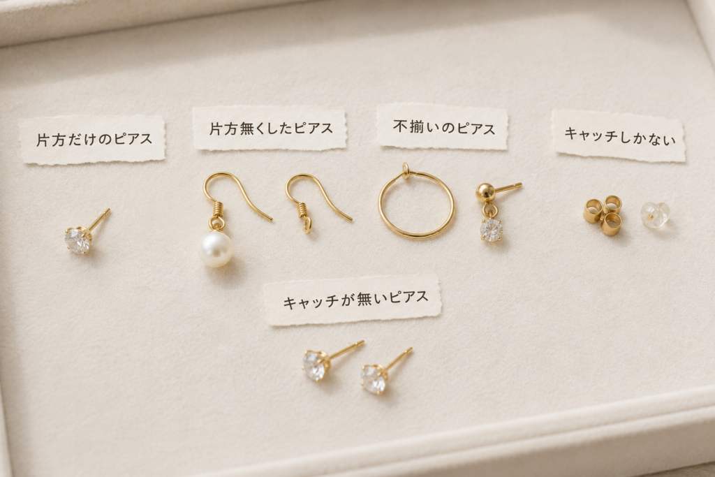 机の上に置かれた、片方だけのピアス、チェーンが切れたネックレス、長年使われていないリングのイメージ。無料出張査定。出張買取。