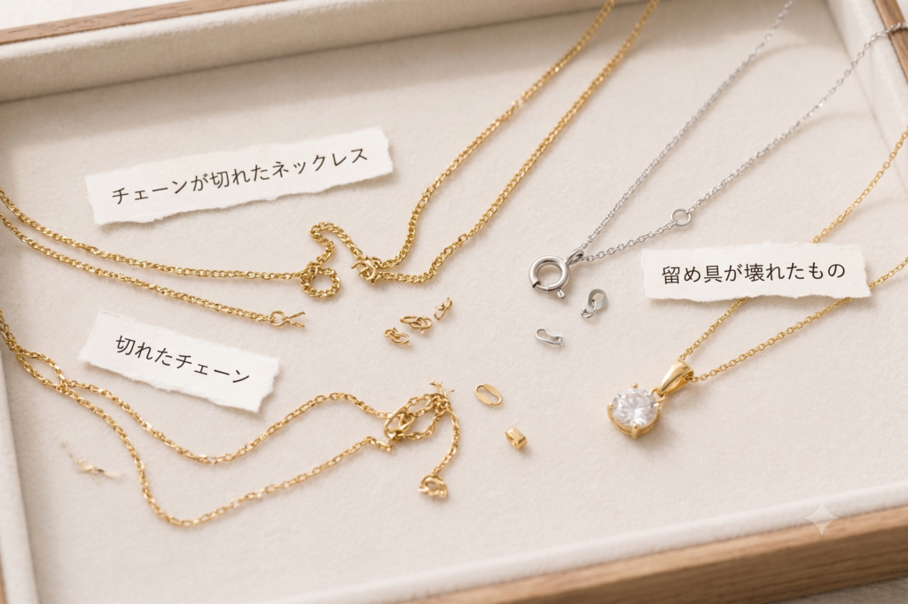 机の上に置かれた、片方だけのピアス、チェーンが切れたネックレス、長年使われていないリングのイメージ。無料出張査定。出張買取。