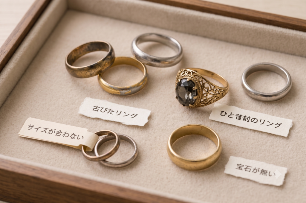 机の上に置かれた、片方だけのピアス、チェーンが切れたネックレス、長年使われていないリングのイメージ。無料出張査定。出張買取。
