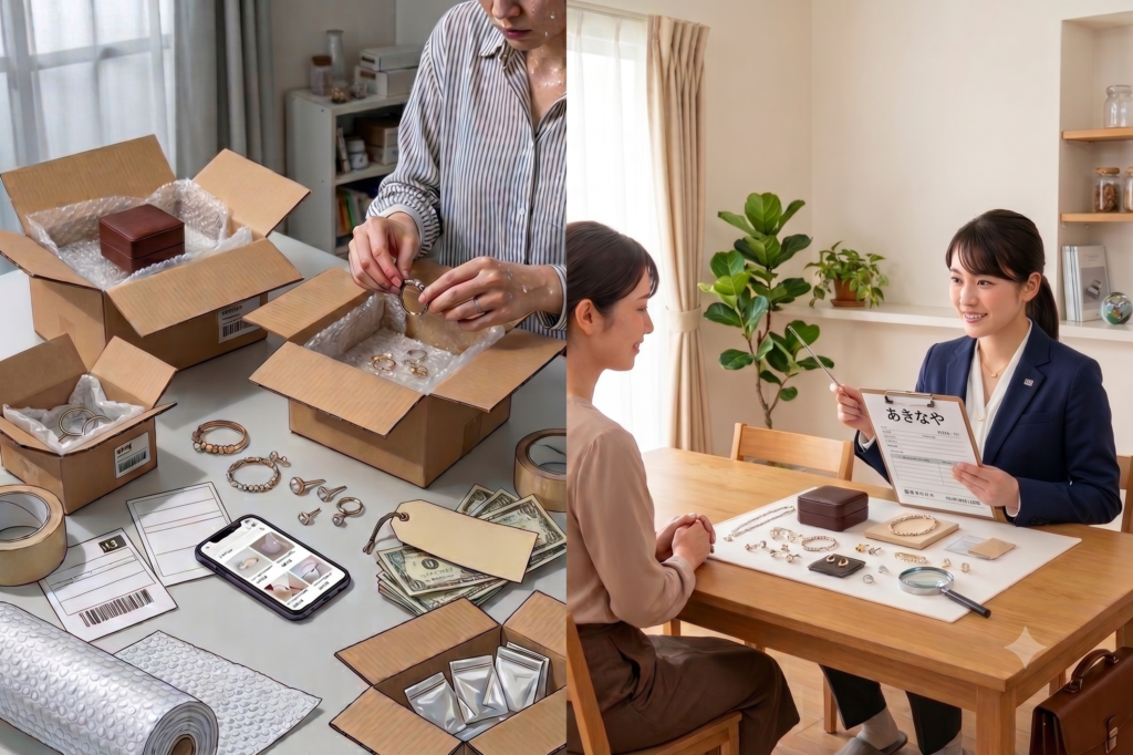 出張買取「あきなや」の査定スタッフが、自宅の玄関先で丁寧にアクセサリーを査定している様子。虫眼鏡（ルーペ）で指輪の内側にある「K18」や「Pt900」などの小さな刻印を確認しているようす。無料出張査定。出張買取。