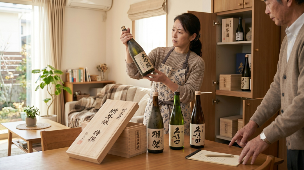 明るいリビングで片付けをしながら、古い日本酒（大吟醸）のボトルを手に取って捨てるべきか迷う表情の50代の女性。手前のテーブルには木箱や贈答用日本酒や複数のボトル、メモ帳が並び、右側にはそれを見守る男性の姿がある風景。