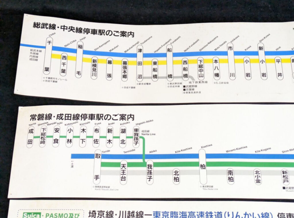 JR東日本の車内掲示用路線図「停車駅のご案内」(総武線・中央線、常磐線・成田線など)の実物写真。JR東日本の車内用路線図「停車駅のご案内」の買取品