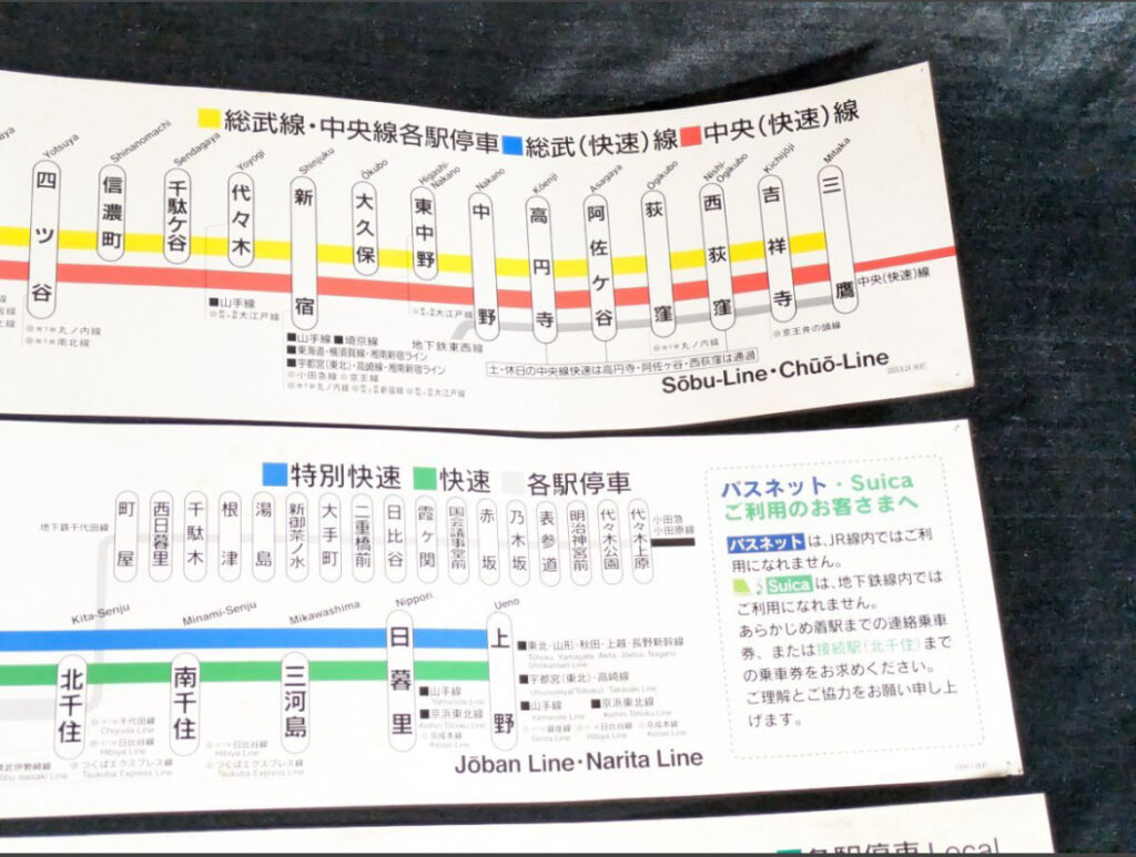 JR東日本の車内掲示用路線図「停車駅のご案内」(総武線・中央線、常磐線・成田線など)の実物写真。JR東日本の車内用路線図「停車駅のご案内」の買取品
