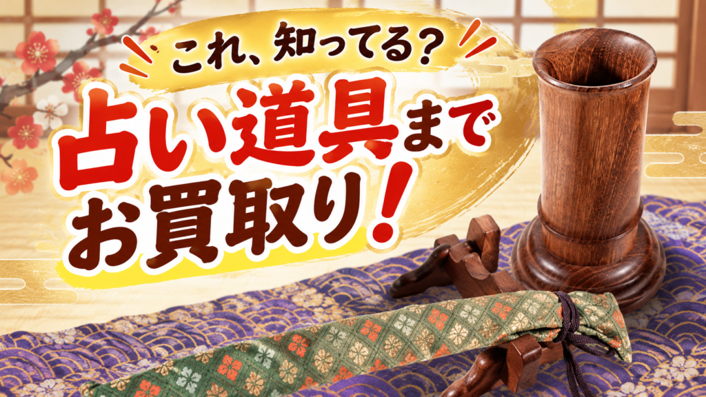 易占道具一式の買取事例を紹介するサムネイル。日本風の背景に占い道具を配置し、「占い道具までお買取り！」と表示。